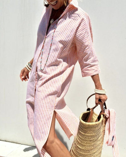 Striped relaxed oversized shirt midi dress for women | Marisela