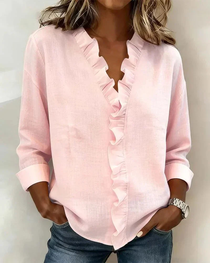 Ruffled V-Neck Blouse with Long Sleeves for Women | Elowen