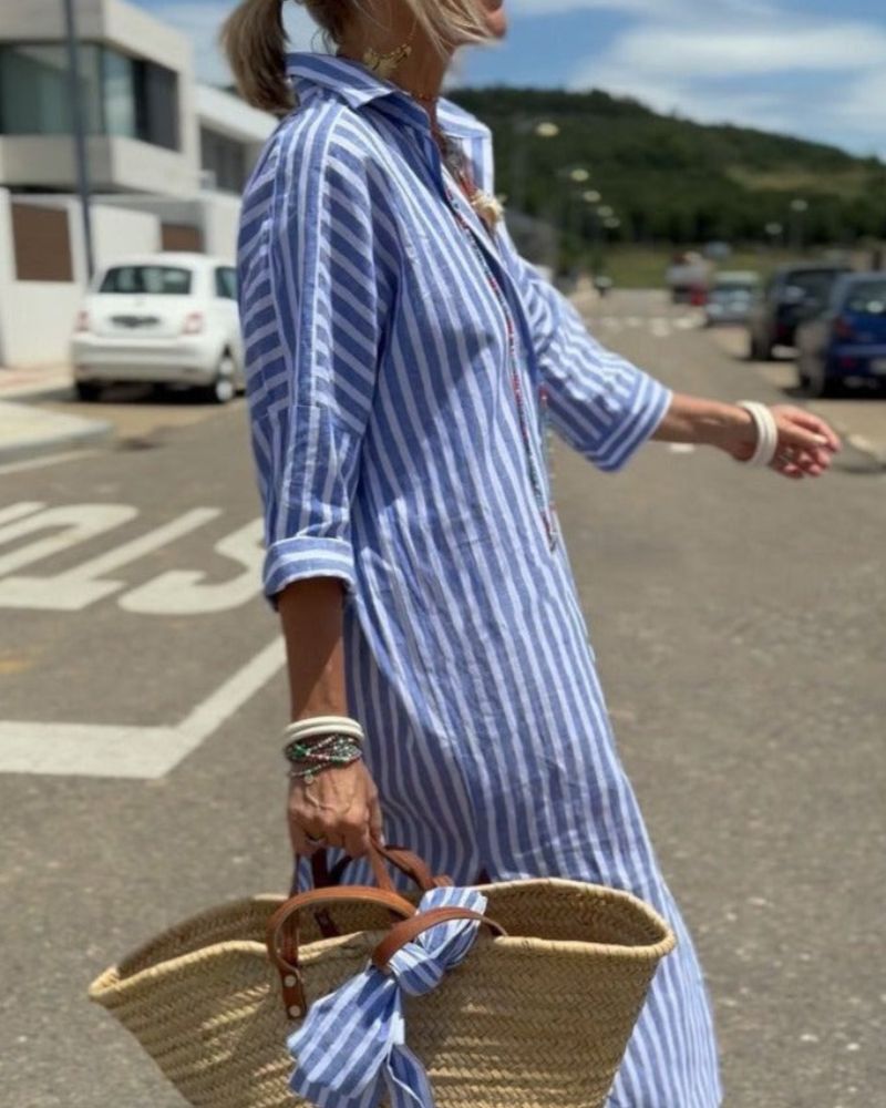Striped relaxed oversized shirt midi dress for women | Marisela
