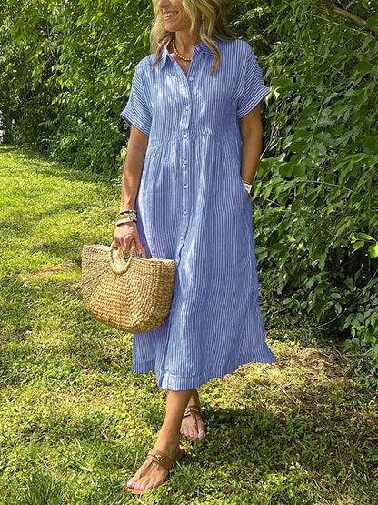 Striped button-up collar short sleeve gathered waist midi dress for women | Marisela
