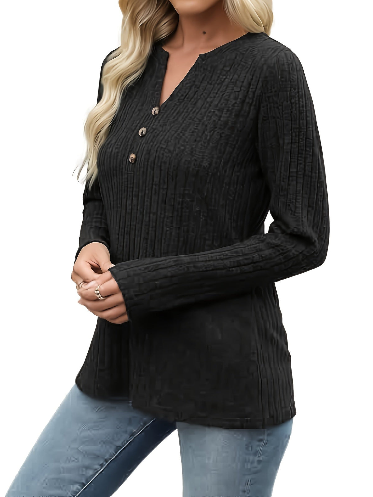 Velmara | Women's Ribbed Button Neck Top with Long Sleeves