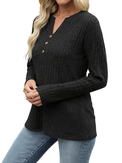 Velmara | Women's Ribbed Button Neck Top with Long Sleeves