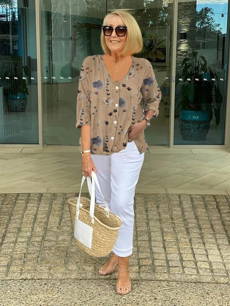 Floral V-neck lightweight breathable blouse for women | Marisela