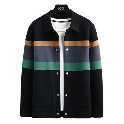Striped varsity knit jacket with button-up front | Arden
