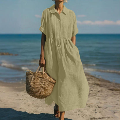 Casual button-front mid sleeve relaxed dress for women | Fionna