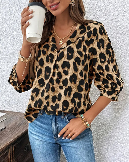 Leopard print lapel collar cotton blouse for women | Rosalyn