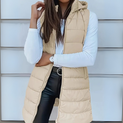 Casual sleeveless hooded long puffer vest for women | Rain