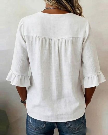 Cotton V-neck ruffle half sleeve blouse for women | Patrizia