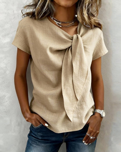 Casual linen blend V-neck short sleeve jacket for women | Marisela