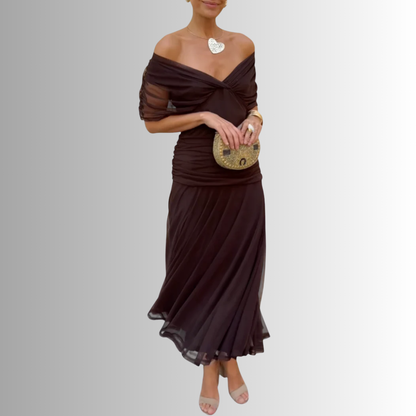 Off-shoulder twist-front pleated chiffon maxi dress for women | Marisela