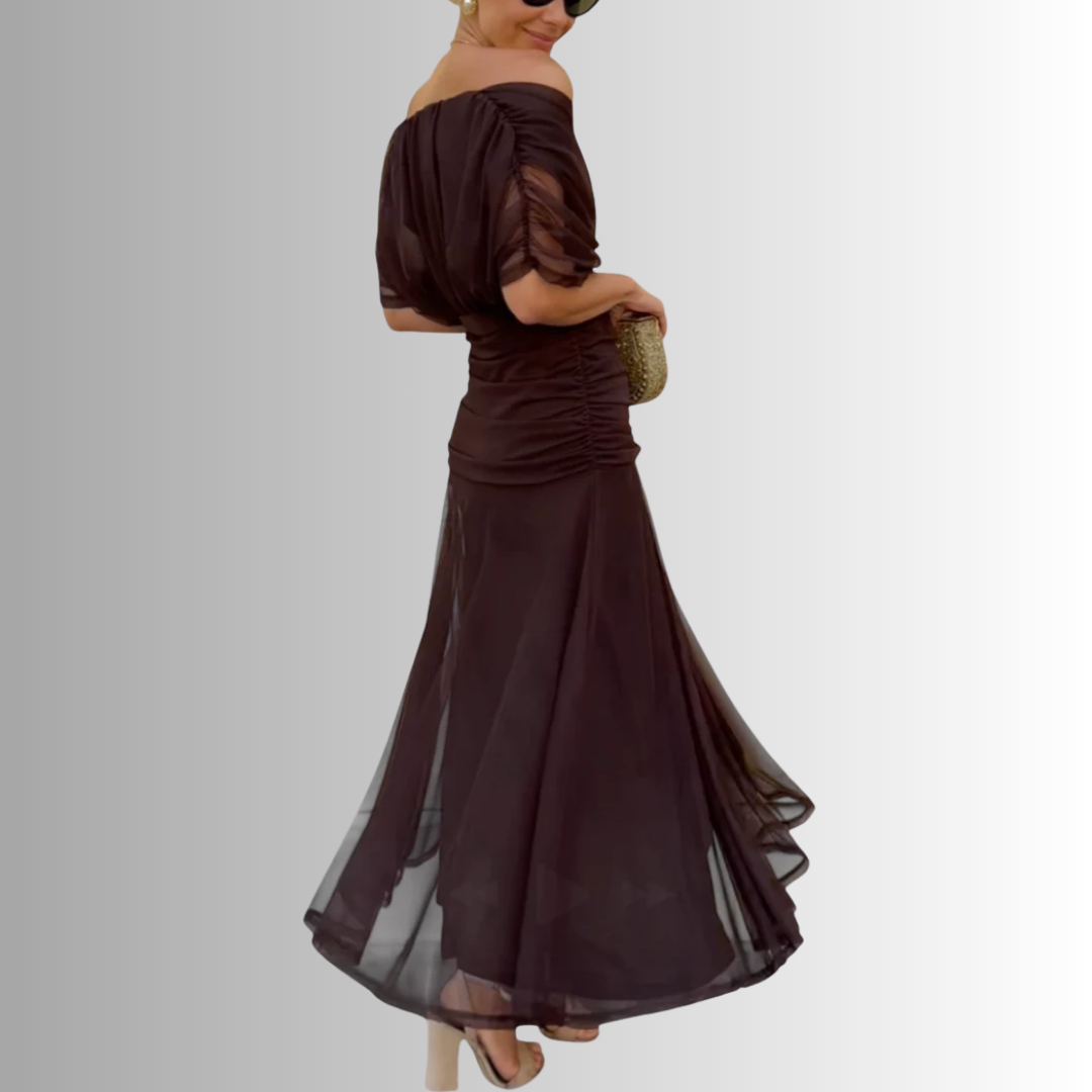 Off-shoulder twist-front pleated chiffon maxi dress for women | Marisela
