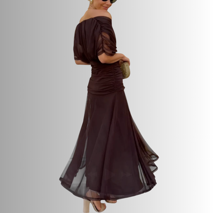 Off-shoulder twist-front pleated chiffon maxi dress for women | Marisela