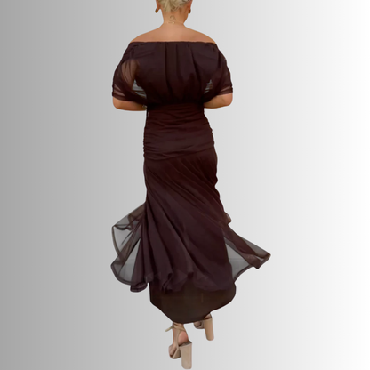 Off-shoulder twist-front pleated chiffon maxi dress for women | Marisela
