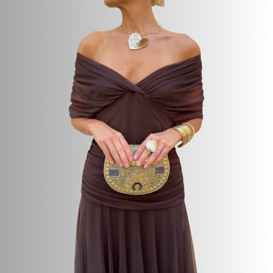 Off-shoulder twist-front pleated chiffon maxi dress for women | Marisela