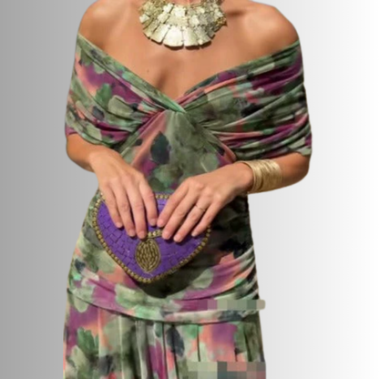 Off-shoulder twist-front pleated chiffon maxi dress for women | Marisela