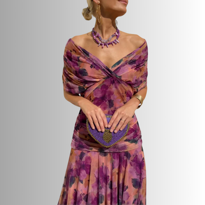 Off-shoulder twist-front pleated chiffon maxi dress for women | Marisela