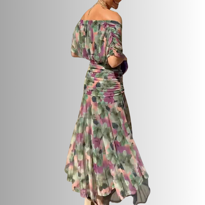 Off-shoulder twist-front pleated chiffon maxi dress for women | Marisela