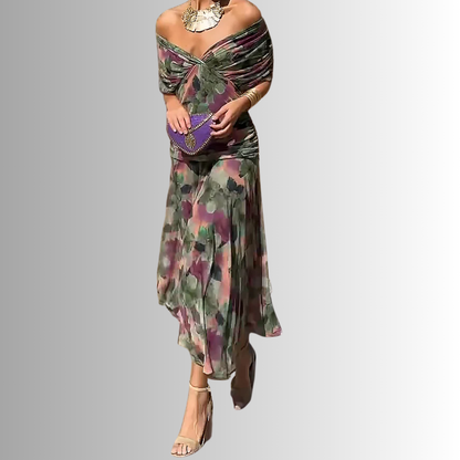 Off-shoulder twist-front pleated chiffon maxi dress for women | Marisela