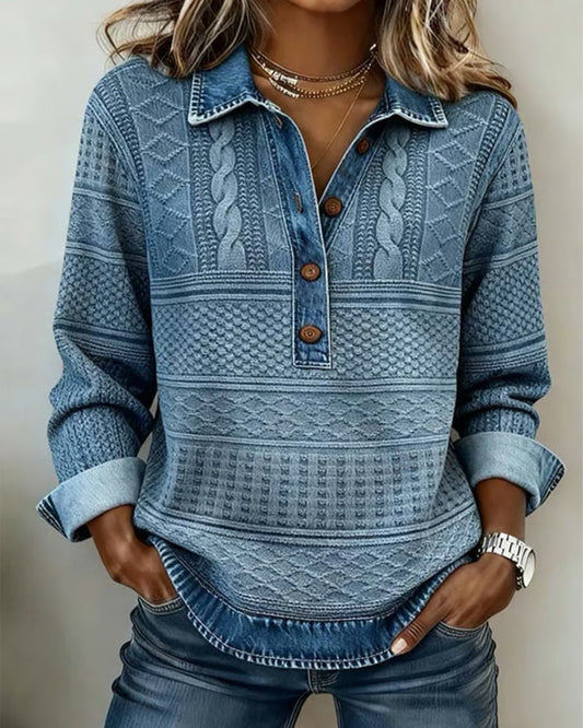 Chic Half-Button Sweatshirt with Denim Collar for Women | Elara