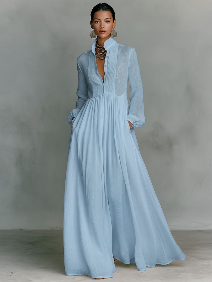 Minimalist stand-collar patchwork maxi dress for women | Aveline