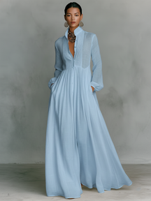 Minimalist stand-collar patchwork maxi dress for women | Aveline