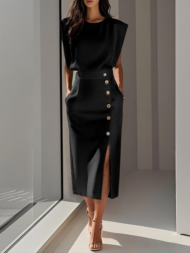 Round neck button slit structured midi dress for women | Marisela
