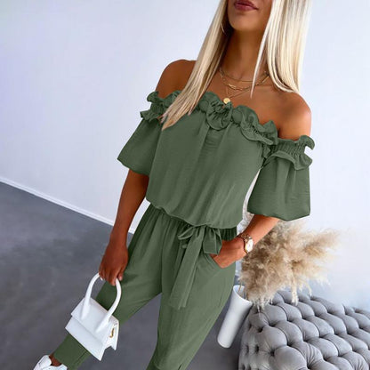 Chic off-shoulder frill tie-waist jumpsuit for women | Camila