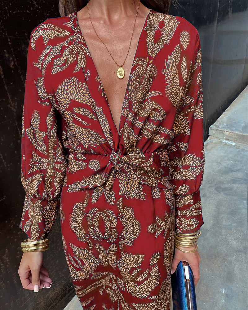 Divya | Women's V Neck Printed Midi Dress