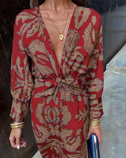 Divya | Women's V Neck Printed Midi Dress