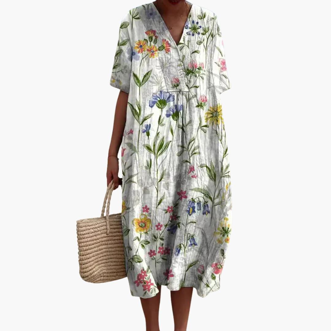 Floral meadow print oversized midi dress for women | Marisela