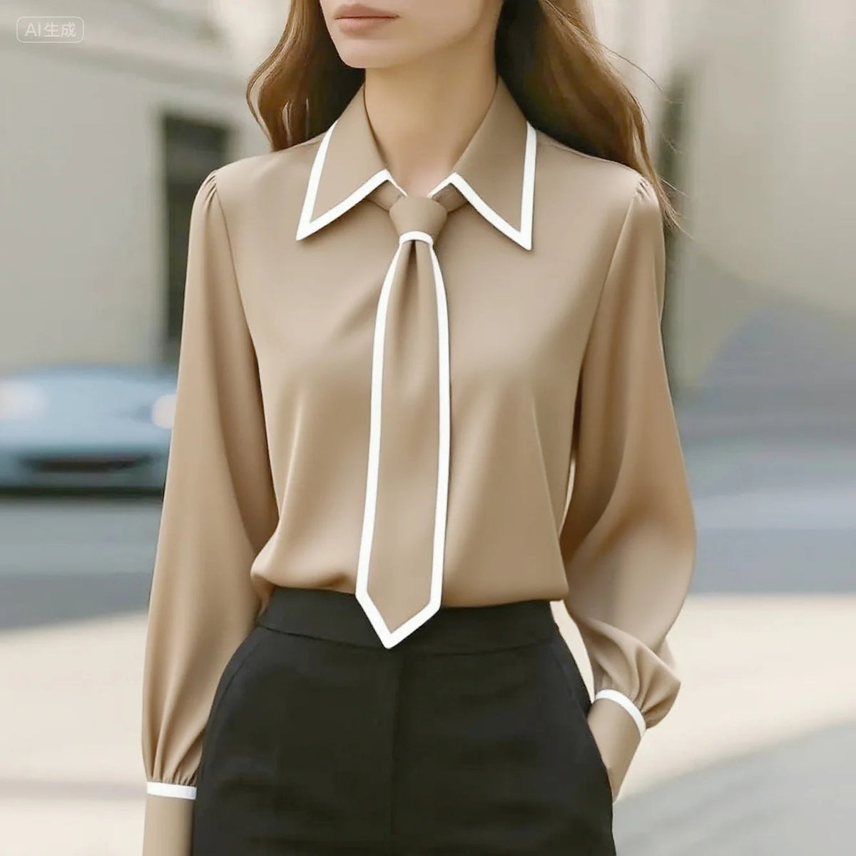 Contrast tie blouse with oversized collar for women | Selina