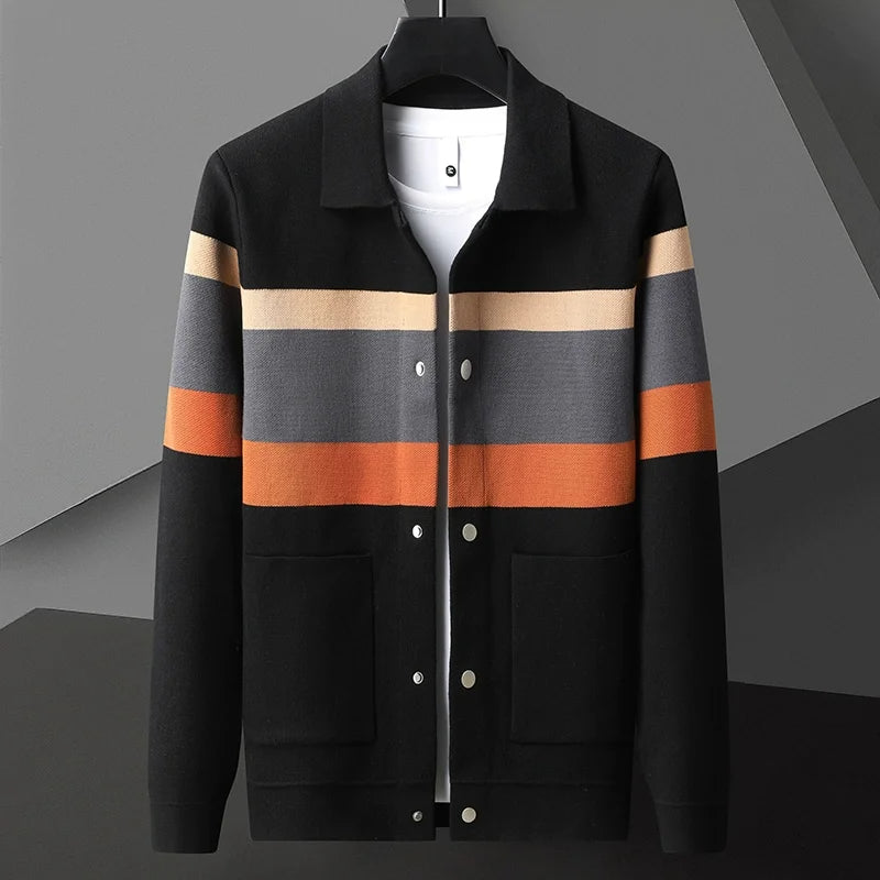 Striped varsity knit jacket with button-up front | Arden