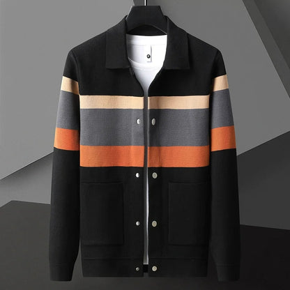 Striped varsity knit jacket with button-up front | Arden
