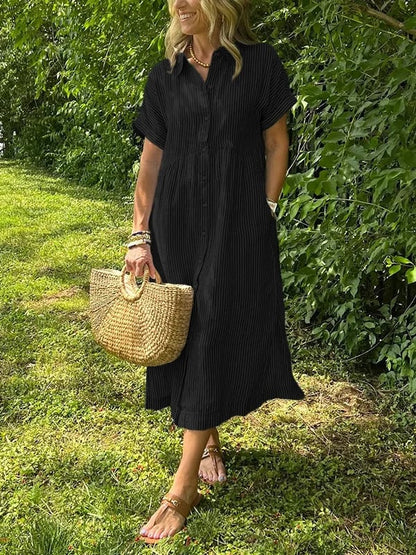 Striped button-up collar short sleeve gathered waist midi dress for women | Marisela