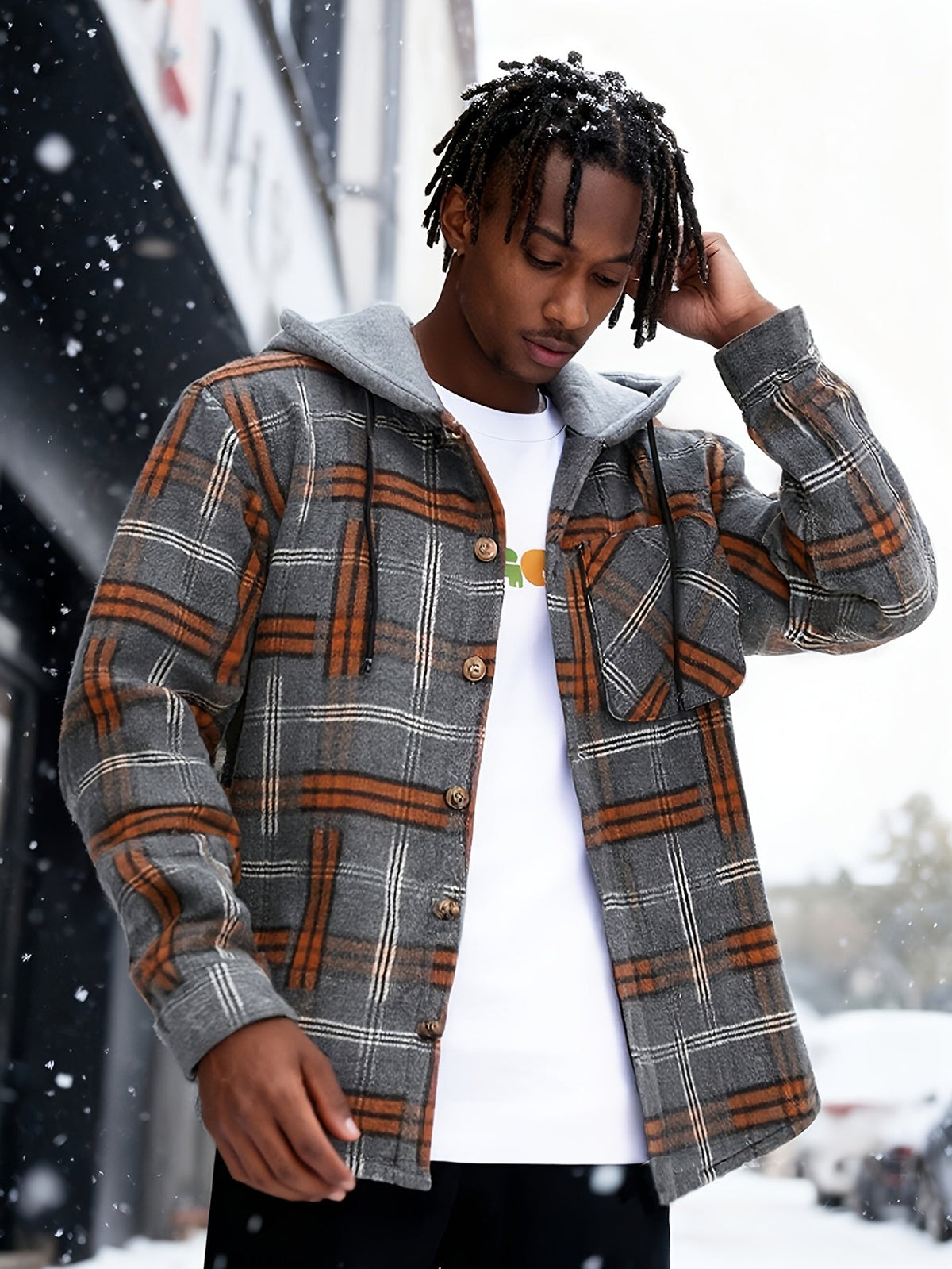 Hollara | Men's Plaid Hooded Jacket with Chest Pocket