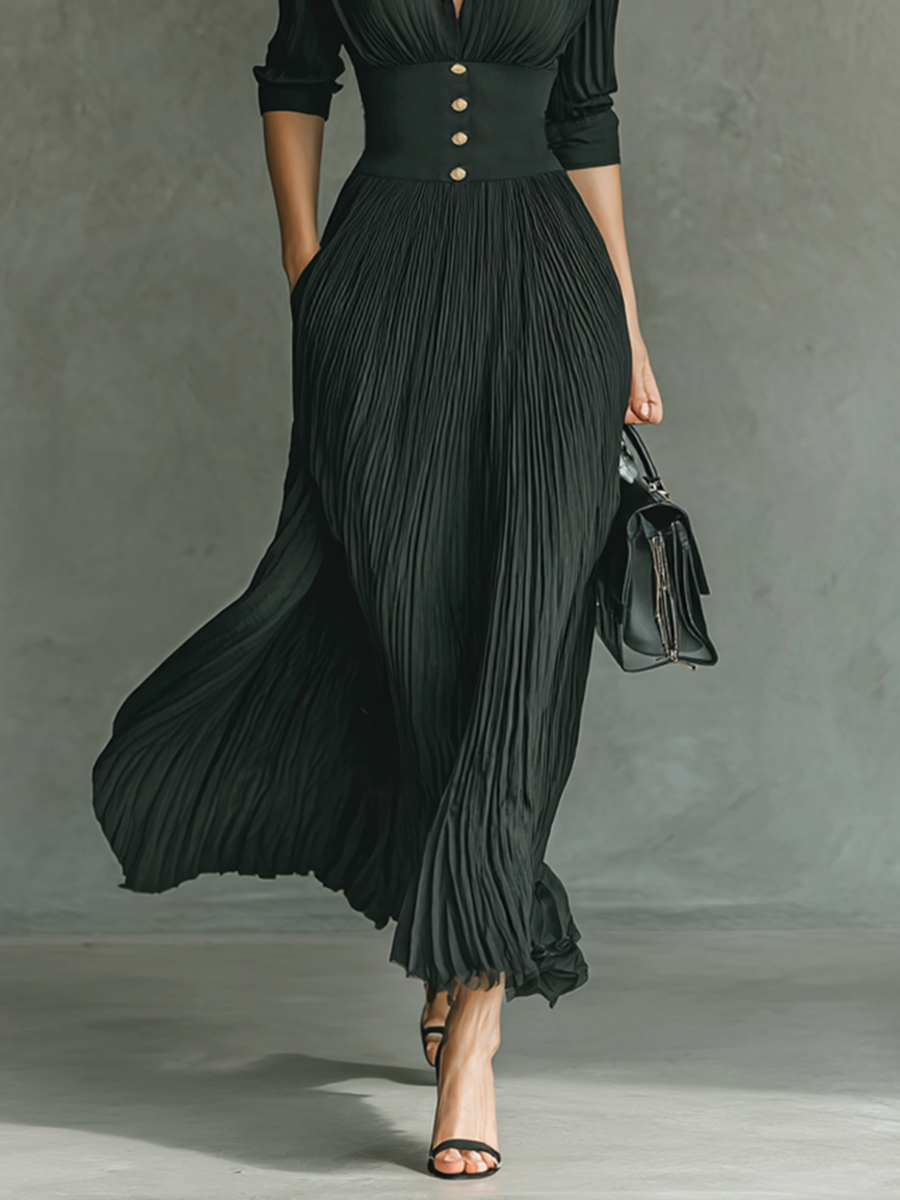 Pleated lapel waist maxi dress for women | Elowen