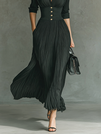Pleated lapel waist maxi dress for women | Elowen