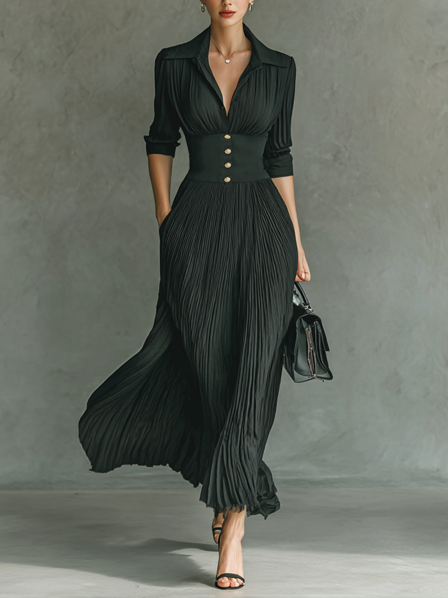 Pleated lapel waist maxi dress for women | Elowen