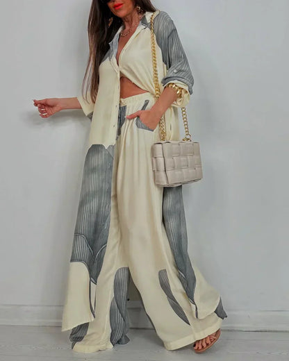 Art print cropped top wide leg pant set for women | Marisela