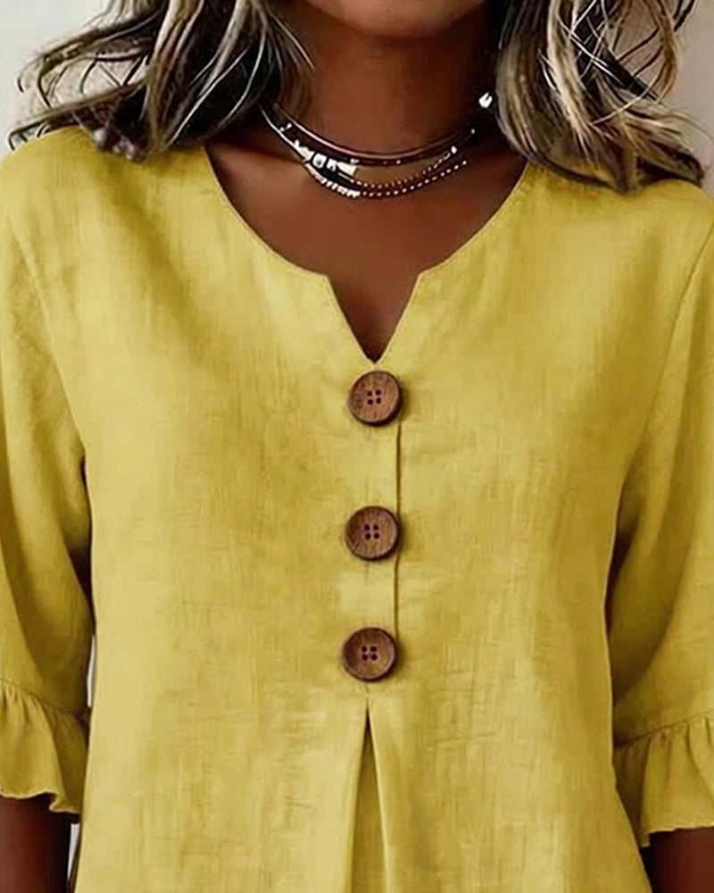 Cotton V-neck ruffle half sleeve blouse for women | Patrizia