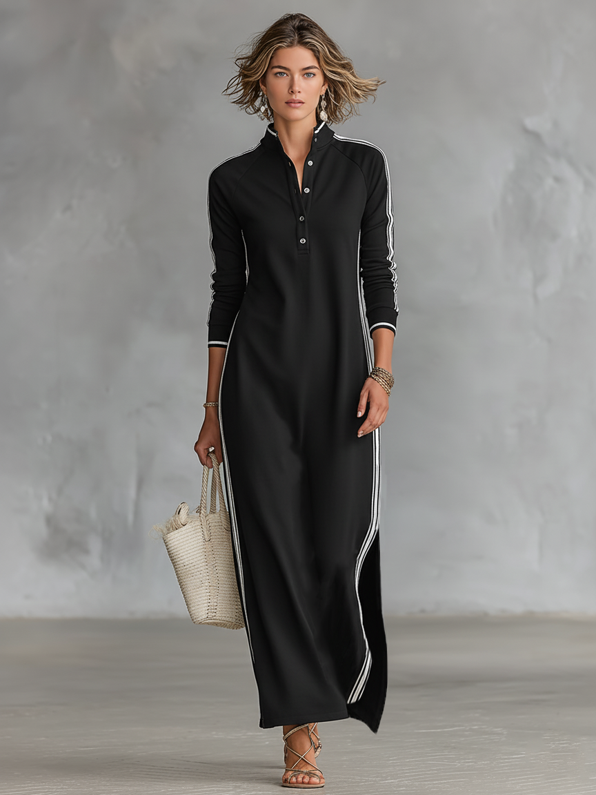 Minimalist button-down sweatshirt maxi dress for women | Elowen