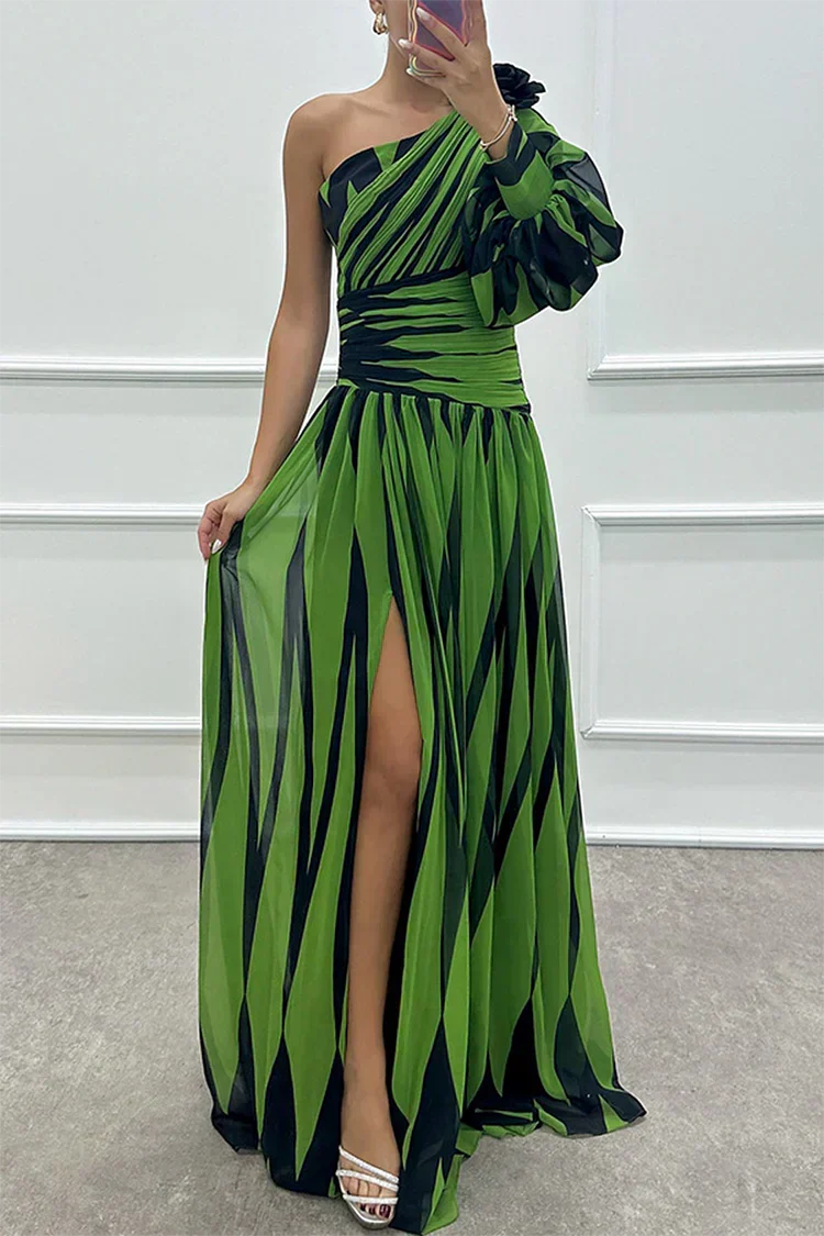 Striped one shoulder flowing pleated maxi dress for women | Marisela