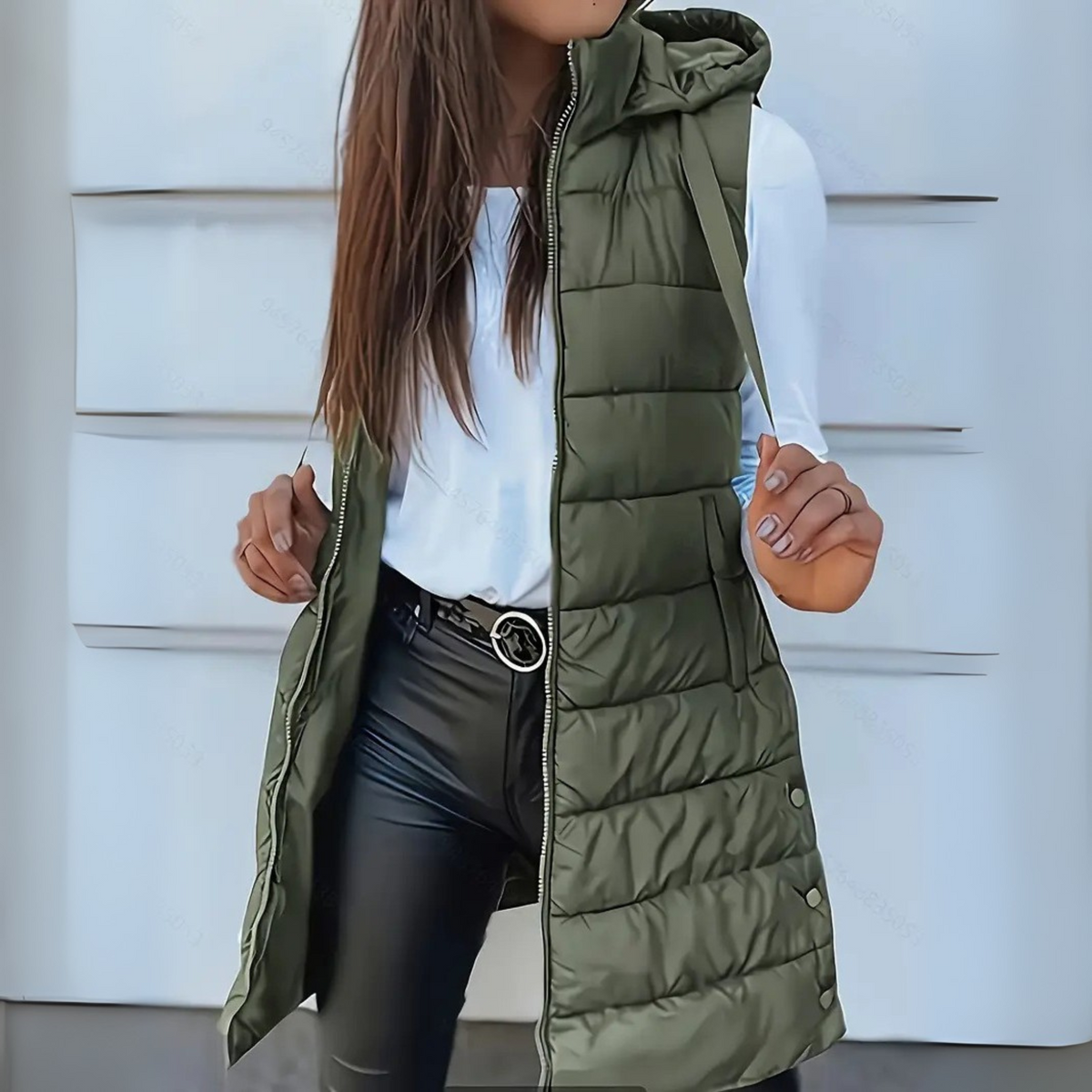 Casual sleeveless hooded long puffer vest for women | Rain
