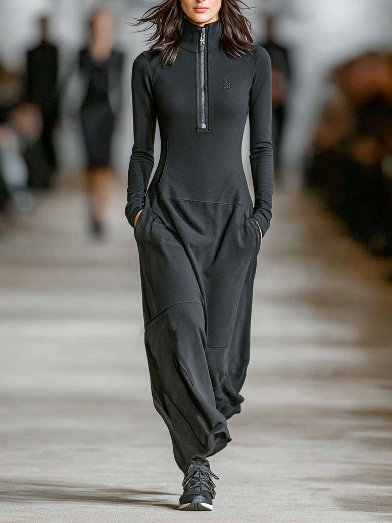 Relaxed zip-collar maxi dress with sporty silhouette for women | Arwen