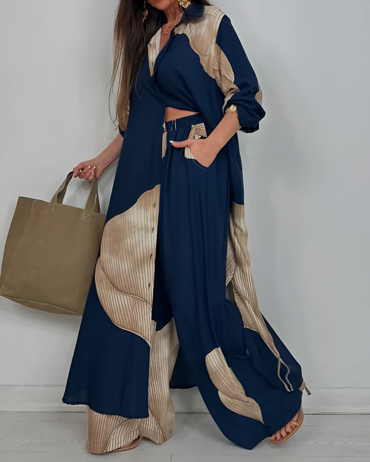 Art print cropped top wide leg pant set for women | Marisela