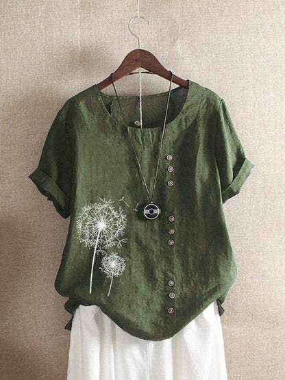 Dandelion print button detail cotton top for women | Fenella
