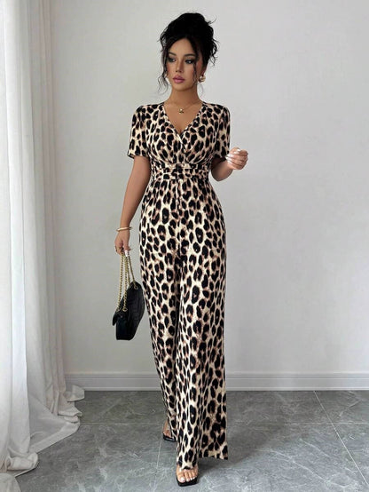 Evelisse | Women's Animal Print Wrap Neck Wide Leg Jumpsuit