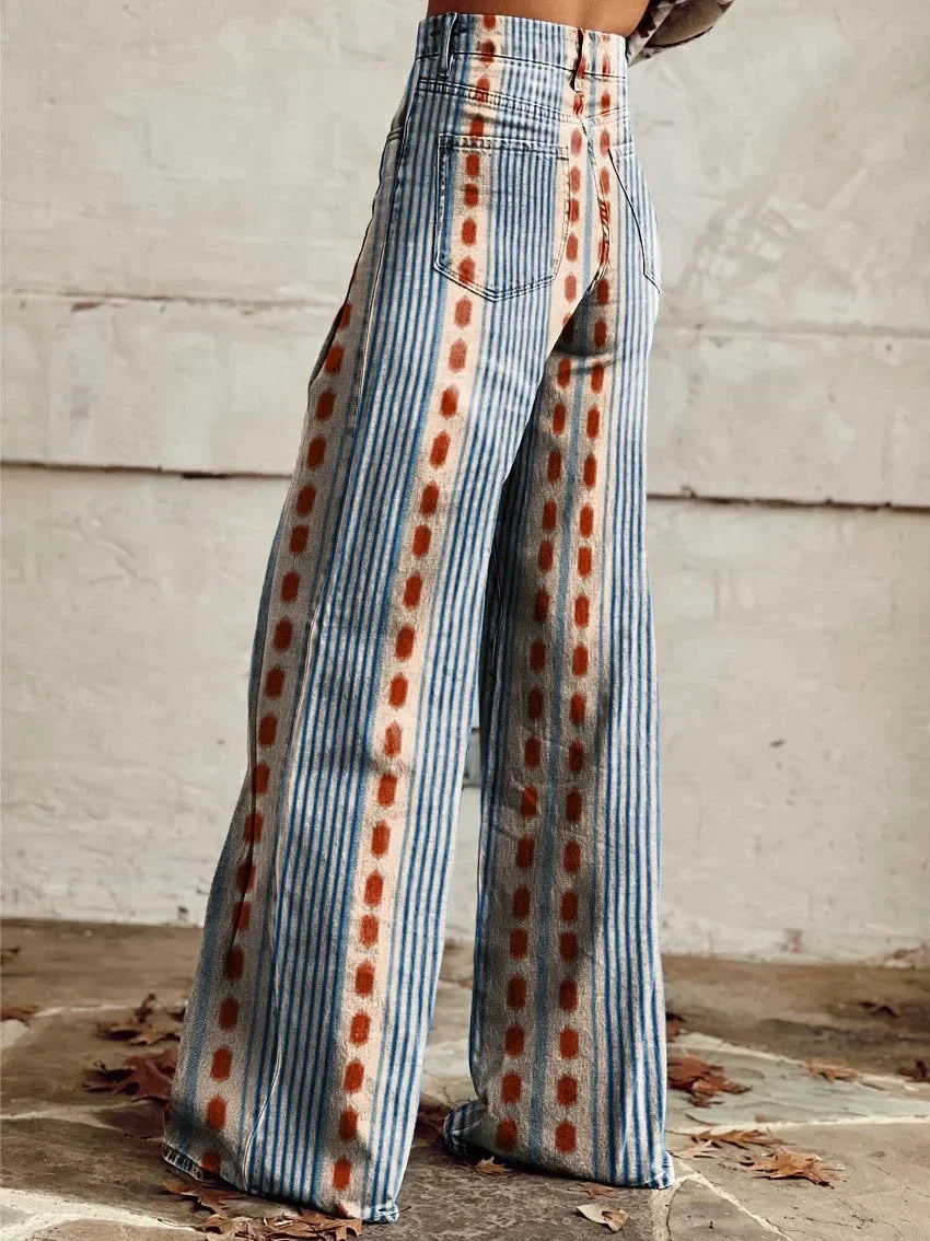 Wide leg striped print jeans for women | Brandy