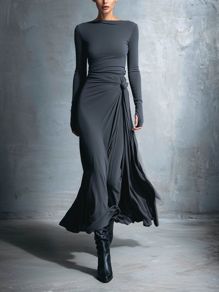 Elegant gray wrap maxi dress with knot detail for women | Elara