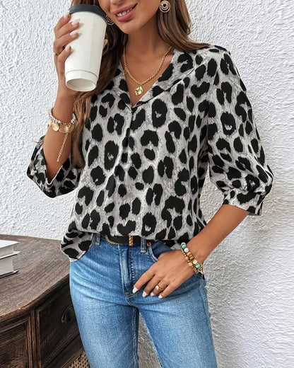 Leopard print lapel collar cotton blouse for women | Rosalyn